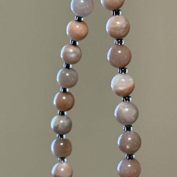 Peach Moonstone Silver Cat on the Moon Necklace, Genuine Gemstone Beaded Choker - Picture 11 of 14